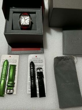 Michele Tonneau Watch with Red Strap + Green & Black Interchangeable Bands
